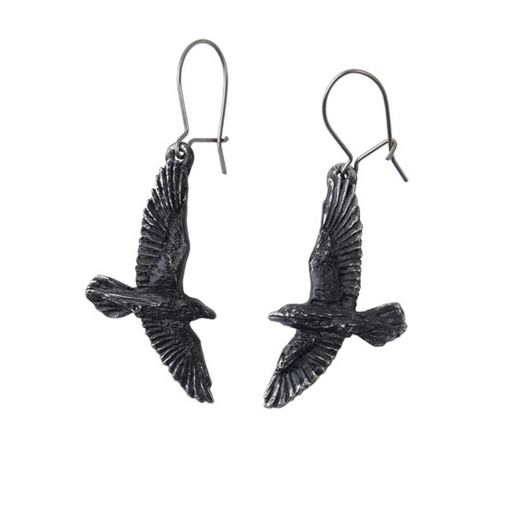 Alchemy Gothic Black Flying Ravens Surgical Steel Hook Earrings NEW